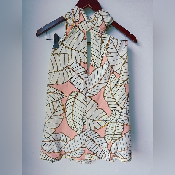 SFIZIO Studio Italy Silk Viscose Leaf Print Halter Top Beige Ivory Tie Size 40 6 - Picture 3 of 10